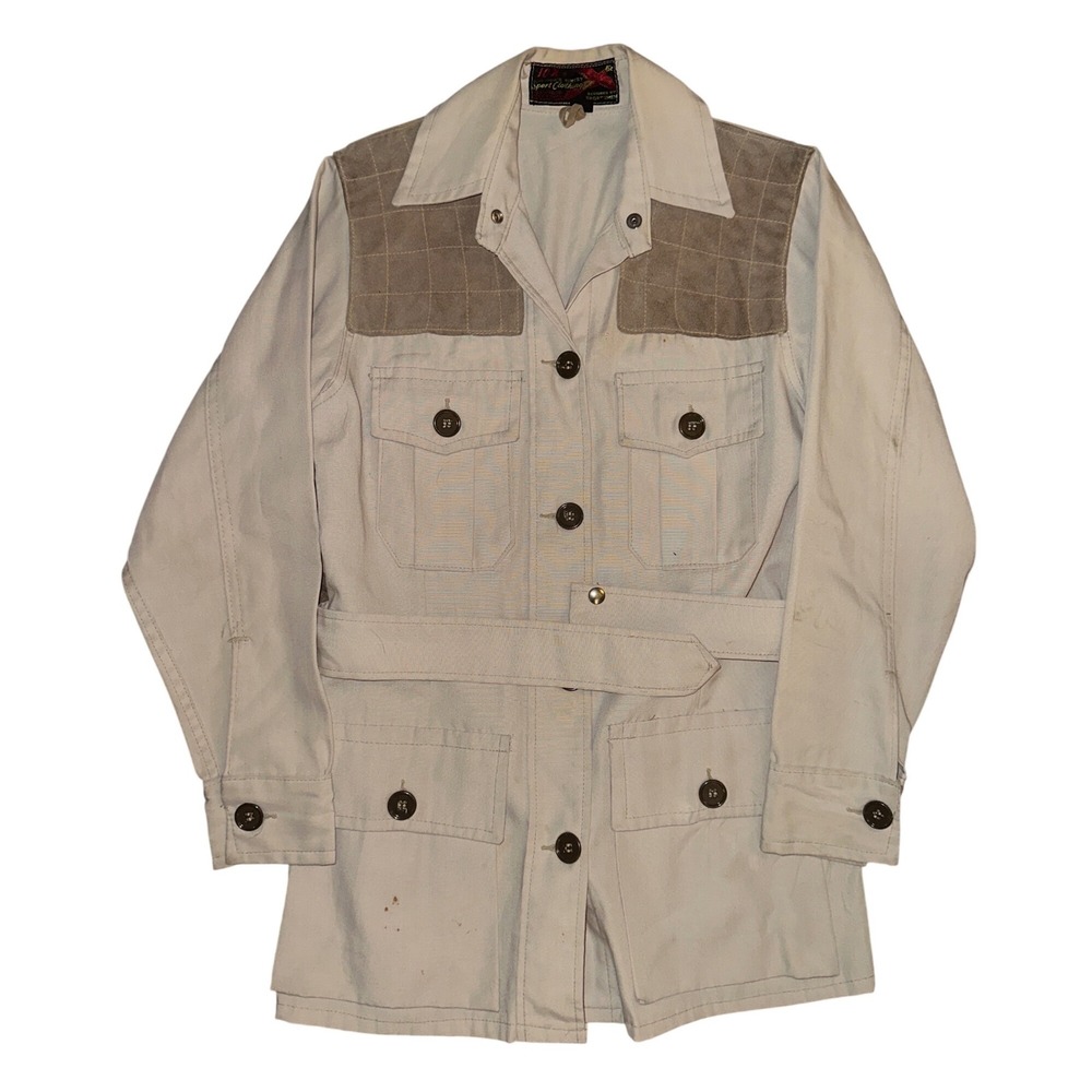 Vintage 10X Sport Clothing Hunting Safari Jacket Belted Canvas Cream Size 32